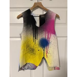 Christopher Kane Splatter Paint Sleeveless V-Neck Zip Back Designer Top